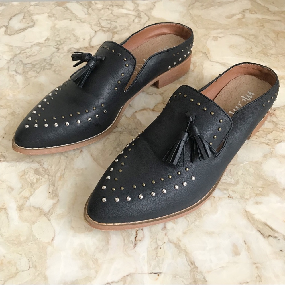 Mi.iM Black Studded Leather Tassel Mules